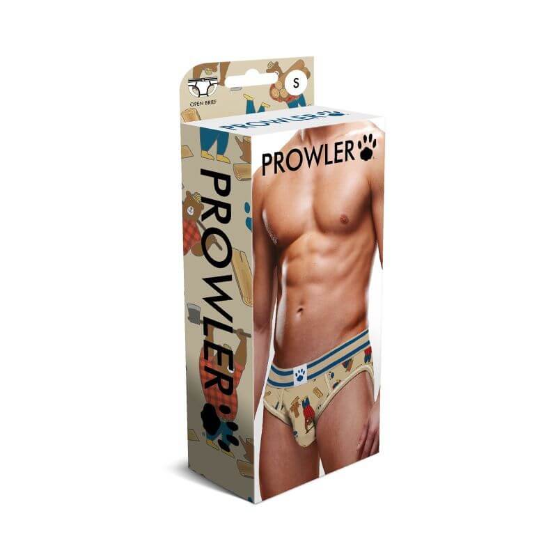 Prowler Lumberbear backless briefs packaging featuring rugged bear design and paw logo on waistband.
