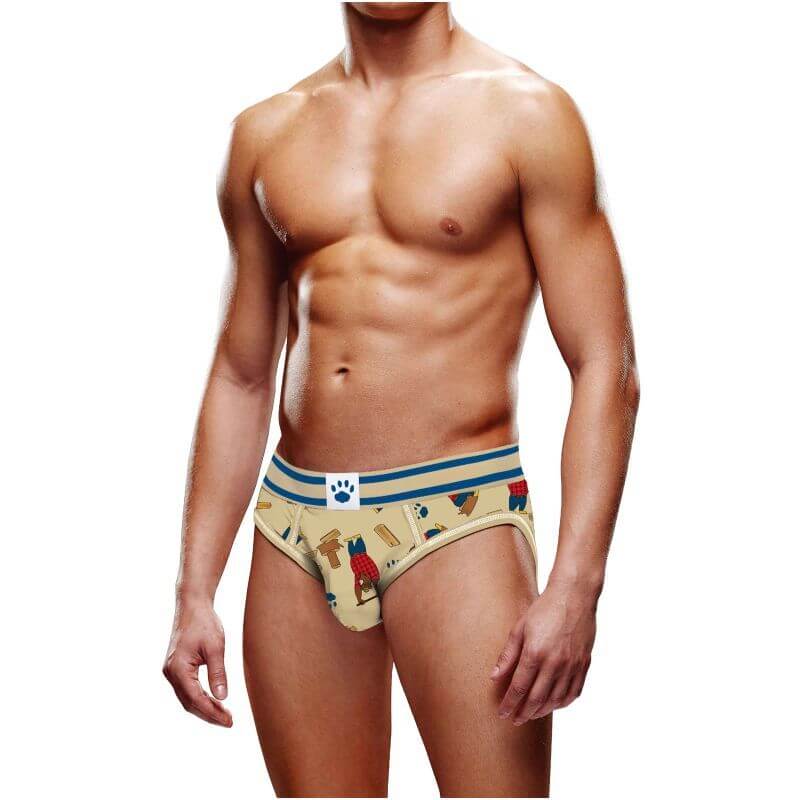 Prowler Lumberbear Open Back Brief displayed on a male model showcasing its unique bear design and dual tone waistband.