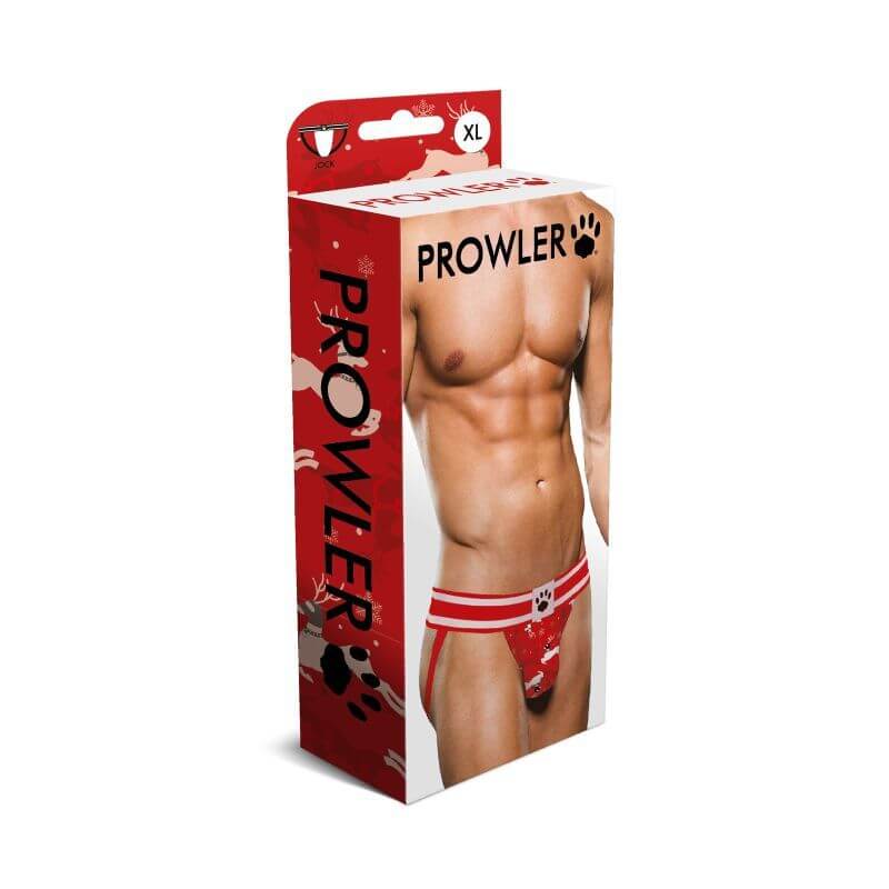 Prowler Reindeer Jock Strap packaging featuring a model, perfect for the holidays and intimate essentials for her.