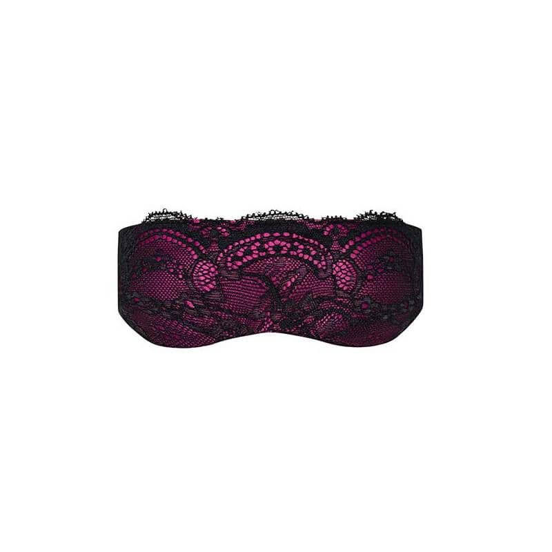 Feminine silk eye mask in magenta with lacy adornments and satin ribbon lacing for perfect fit.