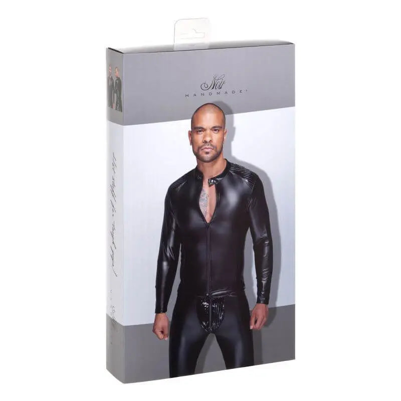 Power Wetlook Mens Jacket w Pleated PVC Epaulets Noir Discreet Intimate Essentials.