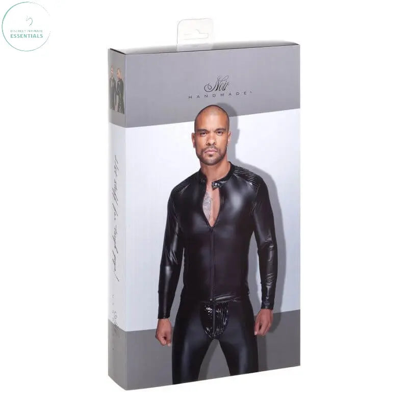 Affordable quality Power Wetlook Mens Jacket w Pleated PVC Epaulets  from Noir by Discreet Intimate Essentials with Discreet Delivery 