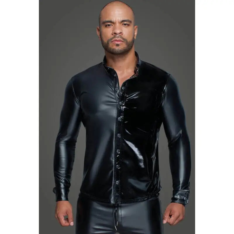 Powerwetlook PVC Long Sleeved Shirt w Button Placket Noir Discreet Intimate Essentials.