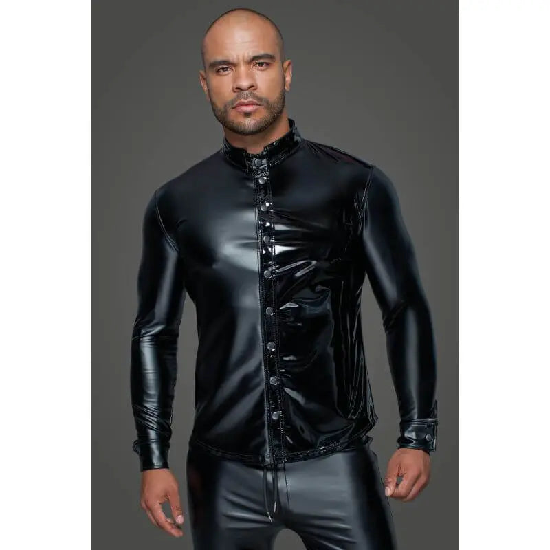 Powerwetlook PVC Long Sleeved Shirt w Button Placket Noir Discreet Intimate Essentials.