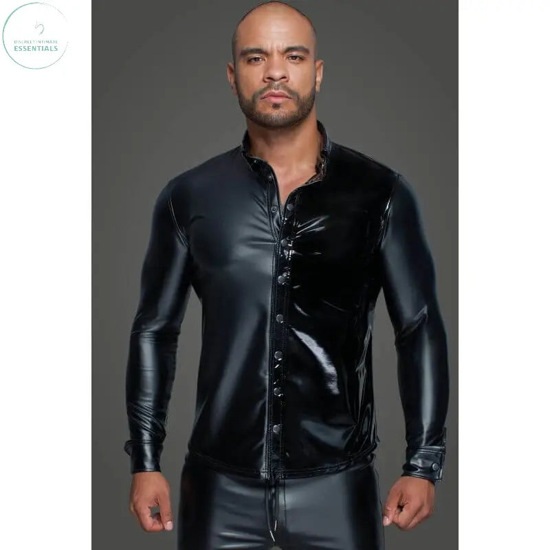 Affordable quality Powerwetlook PVC Long Sleeved Shirt w Button Placket  from Noir by Discreet Intimate Essentials with Discreet Delivery 