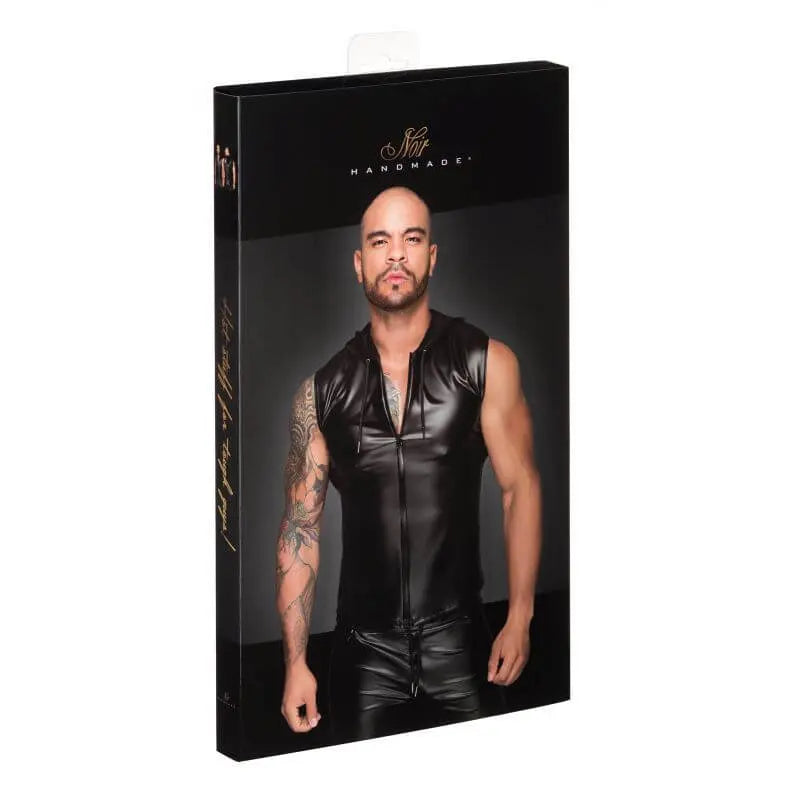 Powerwetlook Sleeveless Hooded Shirt w 2 Way Zipper Noir Discreet Intimate Essentials.