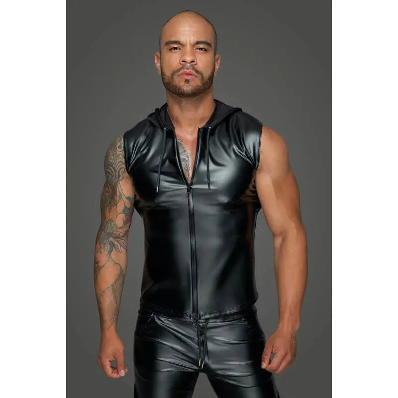 Powerwetlook Sleeveless Hooded Shirt w 2 Way Zipper Noir Discreet Intimate Essentials.