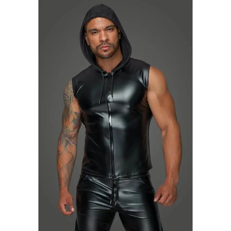 Powerwetlook Sleeveless Hooded Shirt w 2 Way Zipper Noir Discreet Intimate Essentials.