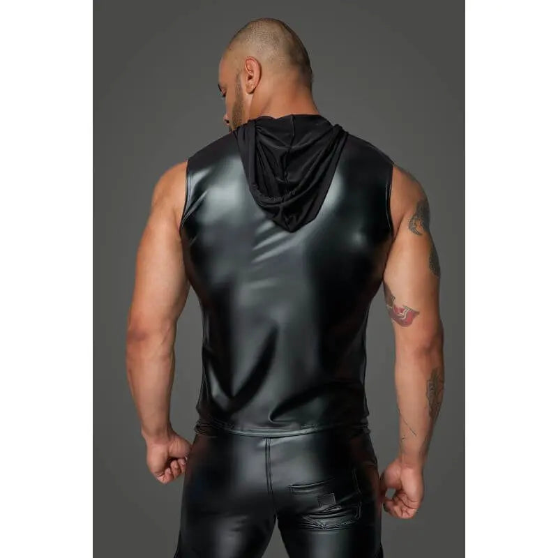 Powerwetlook Sleeveless Hooded Shirt w 2 Way Zipper Noir Discreet Intimate Essentials.