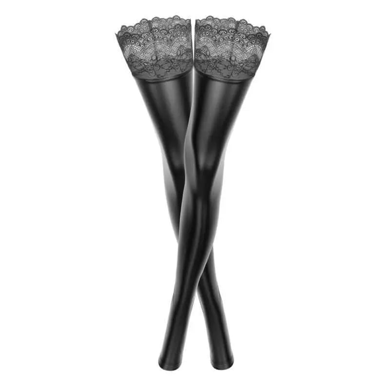 Power Wetlook Stockings w Siliconed Lace Noir Discreet Intimate Essentials.