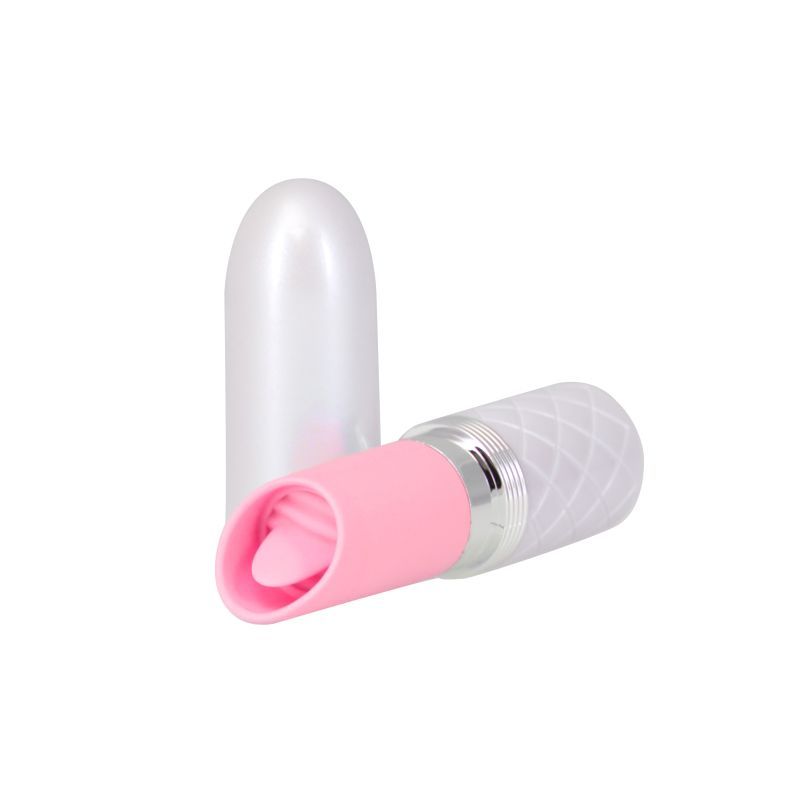 Lipstick clitoral vibrator in pink, designed for discreet pleasure with a silicone tongue-shaped stimulator.