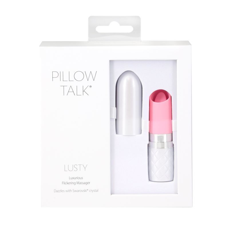 Pillow Talk Lusty flickering massager packaging showcasing a discreet lipstick clitoral vibrator in pink and silver.