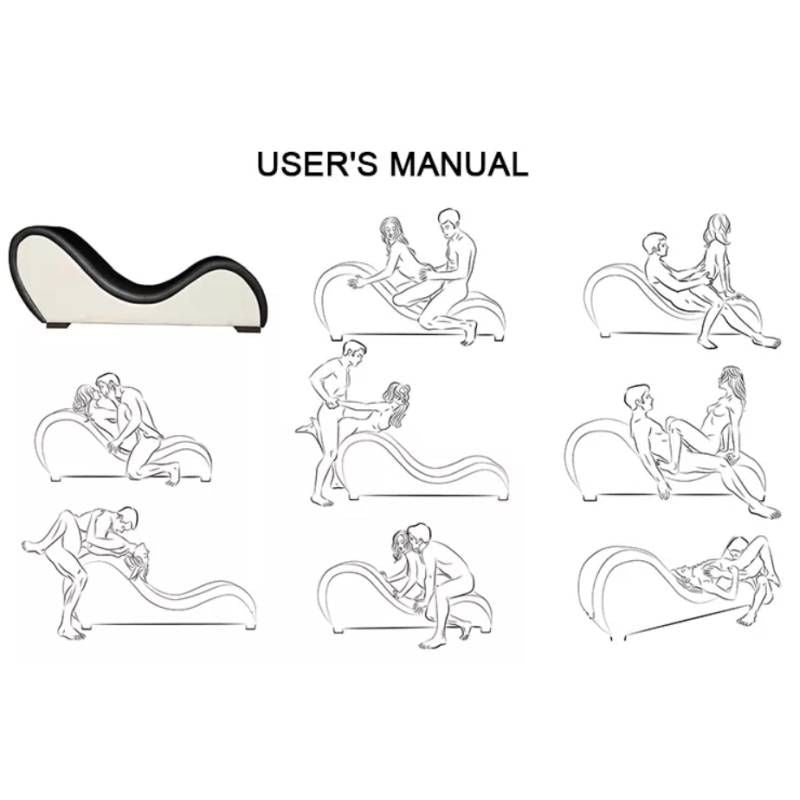 Kama Sutra Mebon Chaise Love Lounge Black user's manual illustrations for intimate positions.