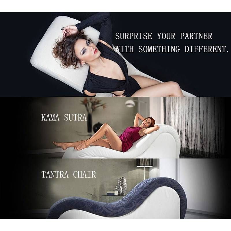 Kama Sutra Mebon Chaise Love Lounge Black shown with models enjoying intimate moments on unique furniture.