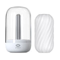 Heated male masturbator with UV sterilization, featuring sanitizing lamp and textured sleeve for enhanced sensation.