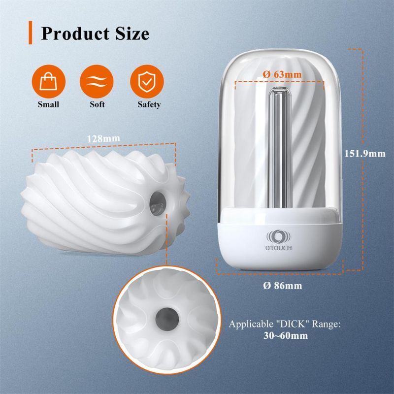 Heated male masturbator with UV sterilization showing product size and features including textured sleeve and warming unit.