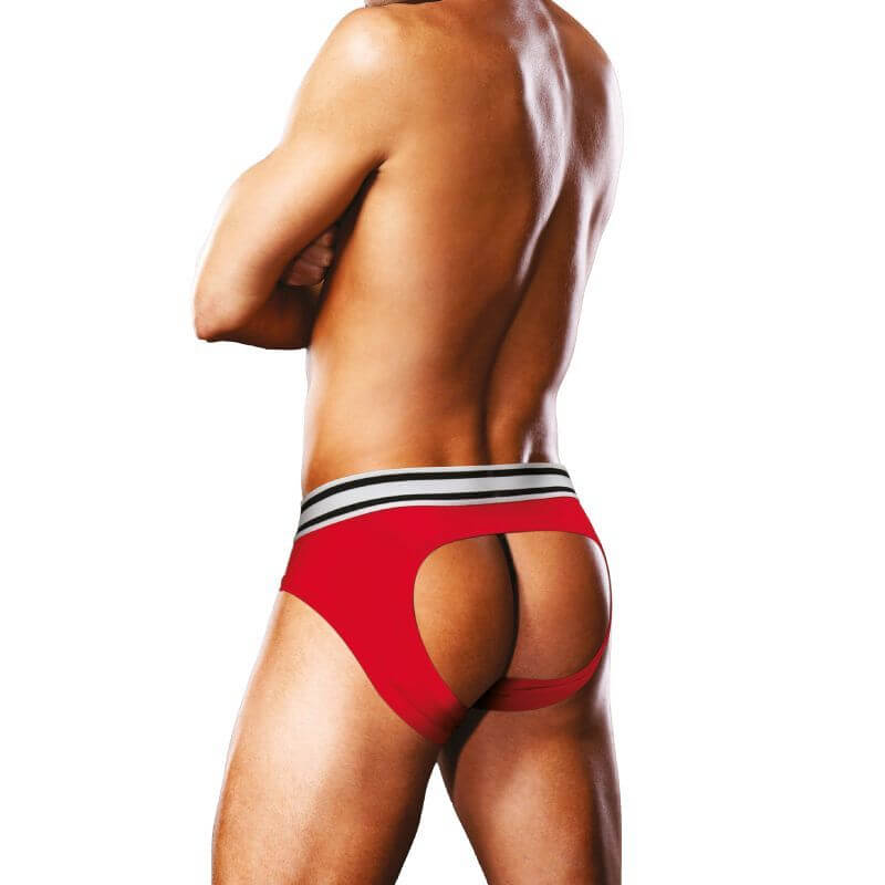Prowler Open Back Brief White/Red showcasing a stylish backless design with a red and white waistband.