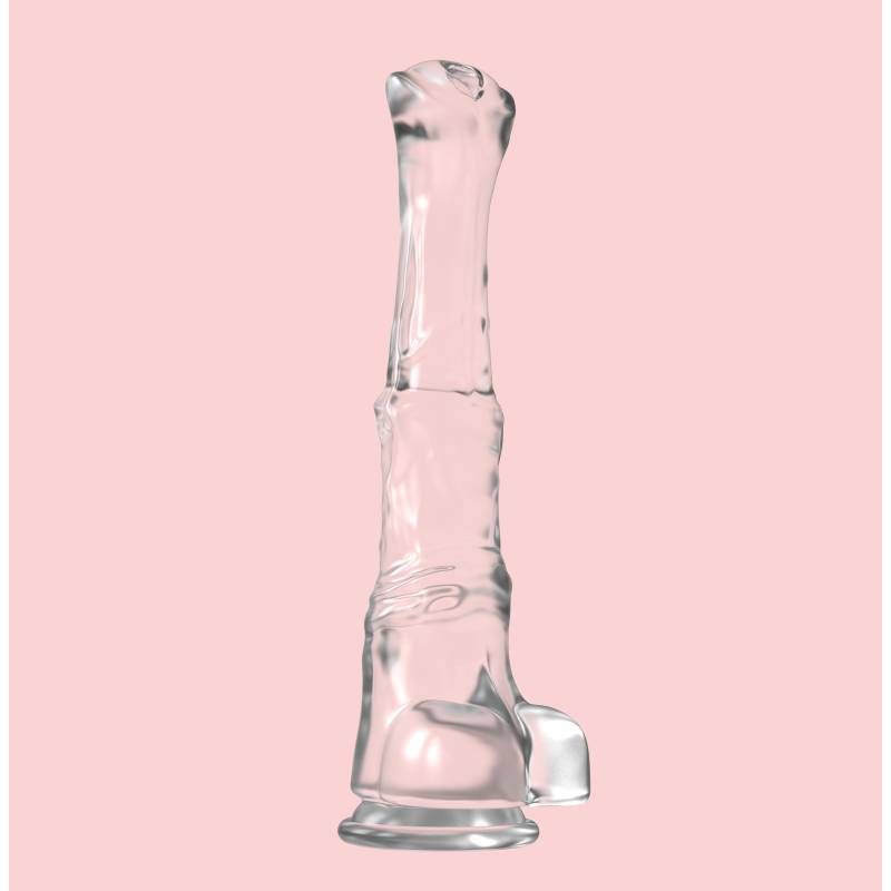 XXL clear dildo with balls, 40cm long, transparent, features a powerful suction cup for stability.