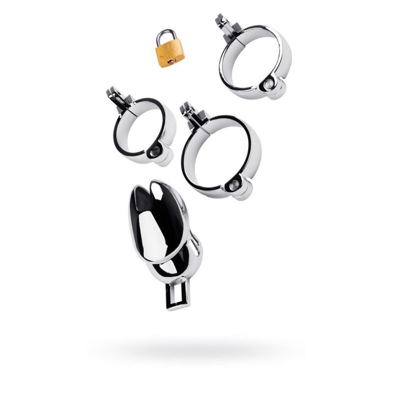 Adjustable silver metal chastity cage components including rings and brass padlock for secure fitting.