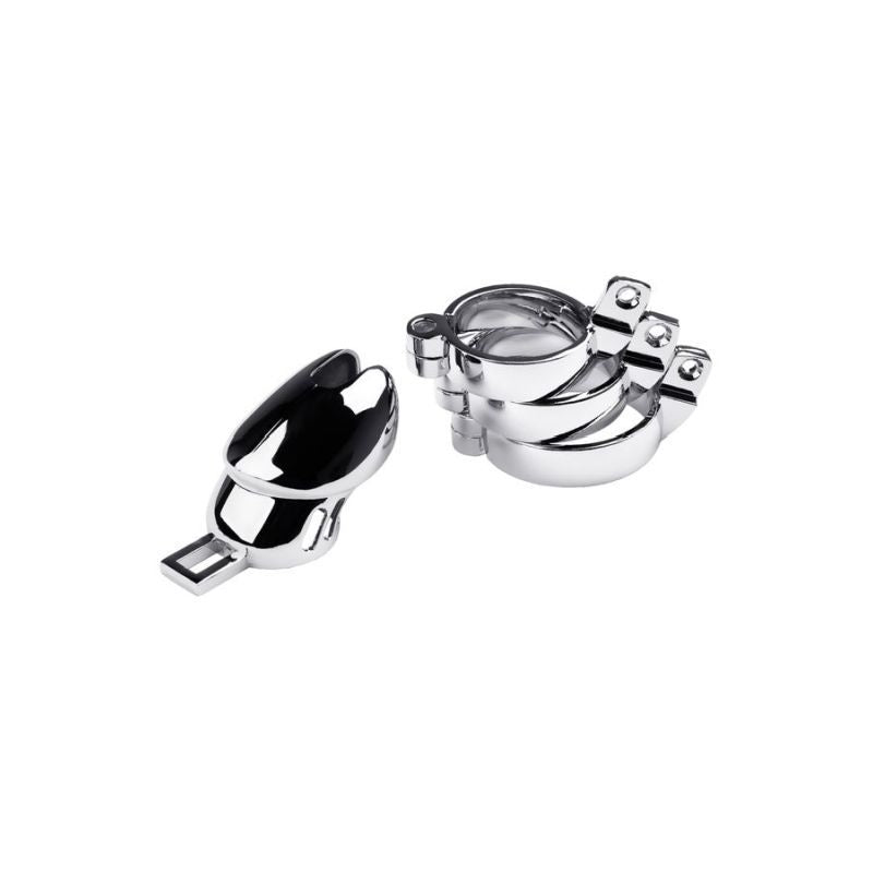 Adjustable silver metal chastity cage with penis lock and three metal rings, featuring brass padlock for security.