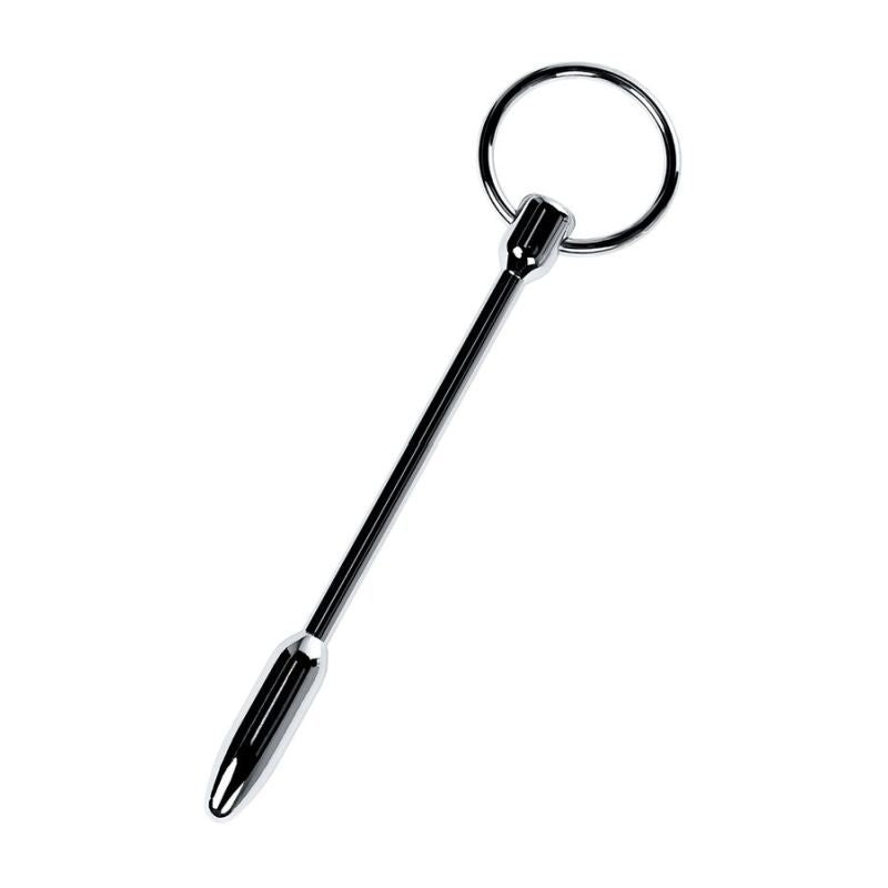 Silver urethral plug with rings featuring a bullet shape, thin base, and two detachable rings.