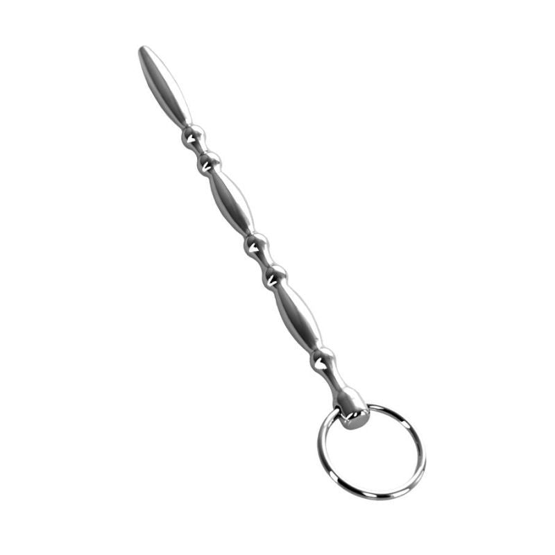 Silver metal beaded urethral plug with ring for added stimulation and satisfaction.