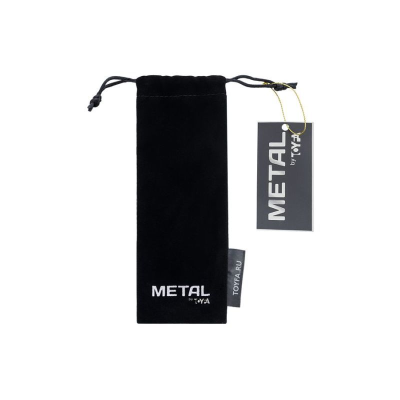 Black velvet storage bag for silver metal urethral plug with branded tag.