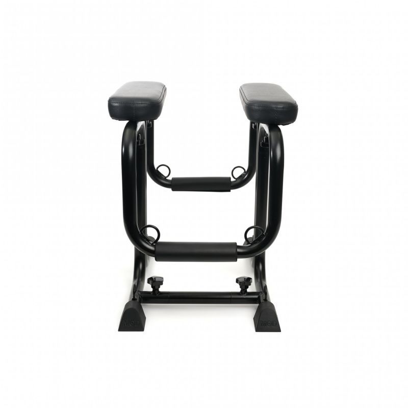 Versatile bondage love seat with padded arm rests and adjustable frame for various uses.