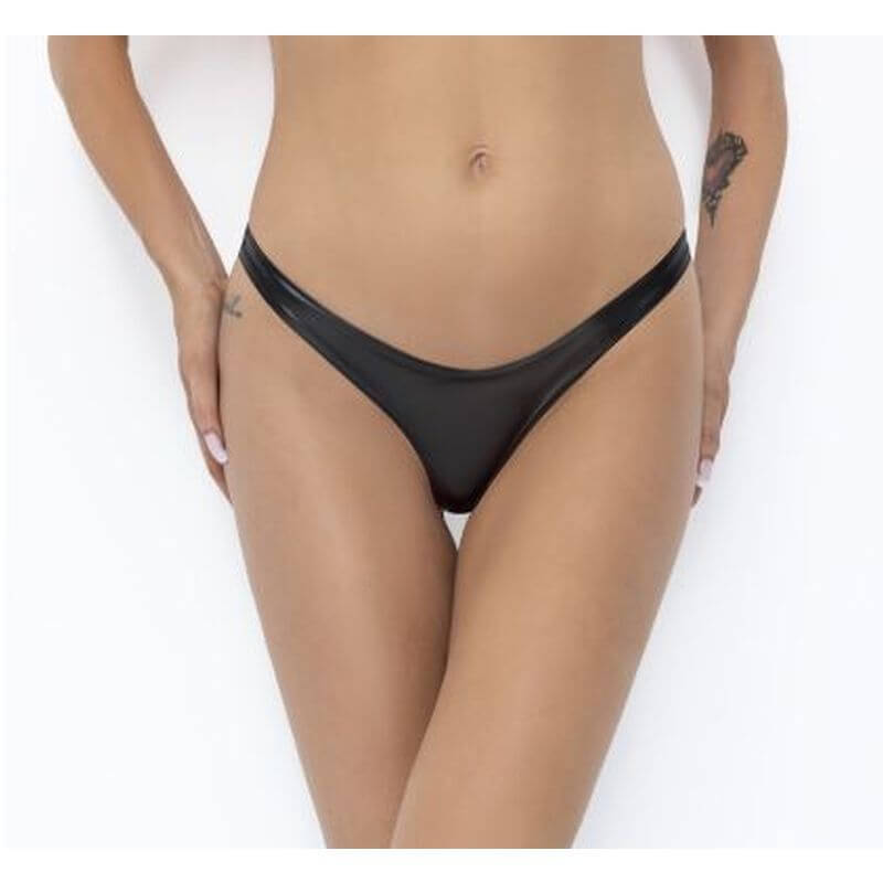 Power Wetlook Thong displayed on a model, showcasing a classic and coquettish design in wetlook material.