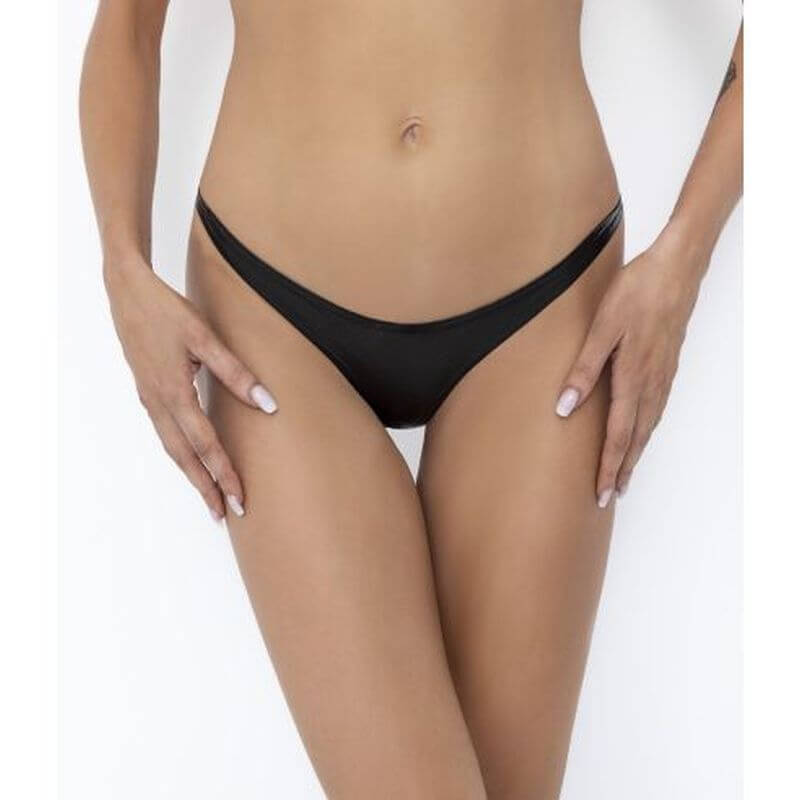 Model showcasing a Snake Wetlook Thong, a stylish twist on the classic black thong design.