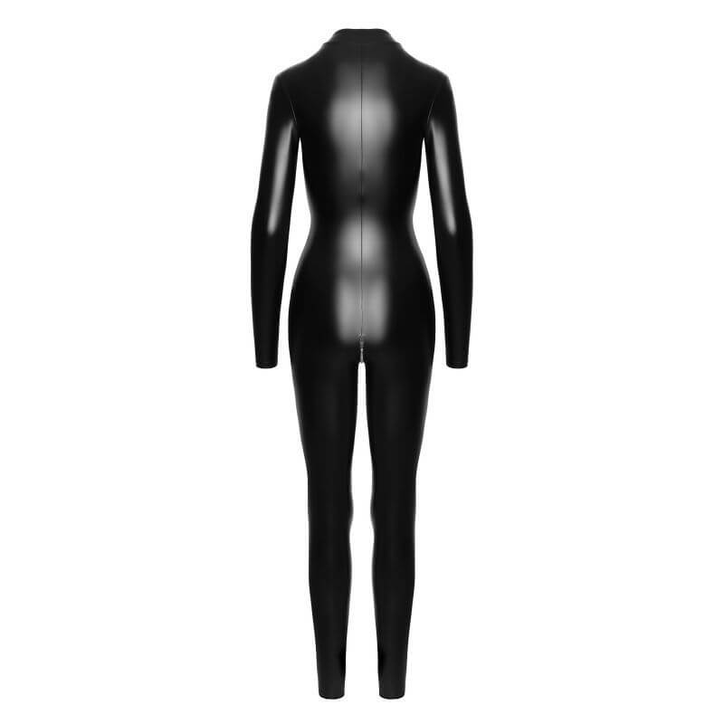 Back view of a sleek black power wetlook catsuit featuring a full-body design and a zipper detail.