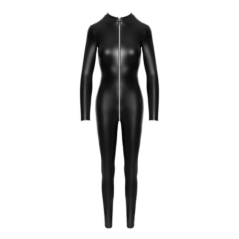 Power Wetlook Catsuit w Front Zipper in sleek black design, perfect for fetish wear, featuring a full-body fit.
