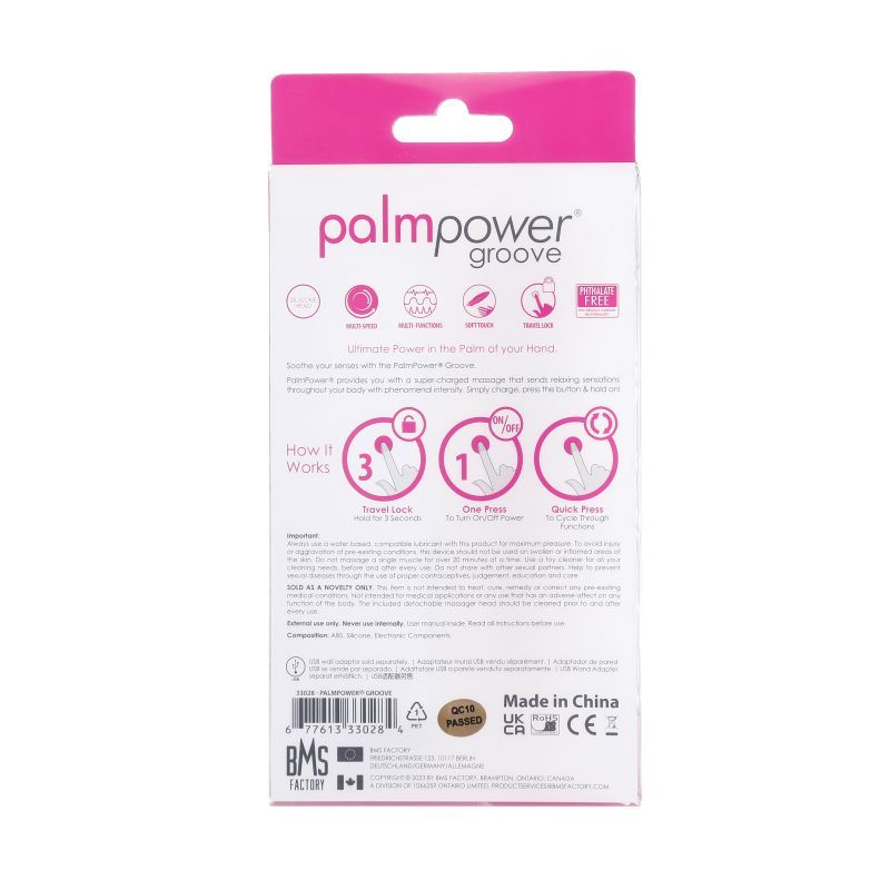 Packaging for PalmPower Groove Mini Wand Fuchsia with instructions and features overview