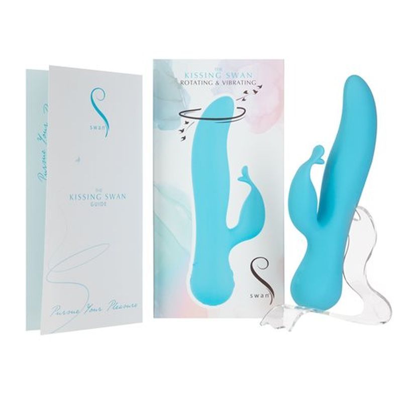 Kissing Swan Rabbit Vibrator with guide showcasing dual action rabbit vibrator design and packaging
