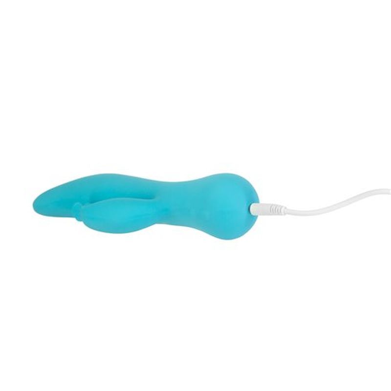 Kissing Swan Rabbit Vibrator in blue, showcasing dual action rabbit vibrator design with tapered tip and clitoral arm.