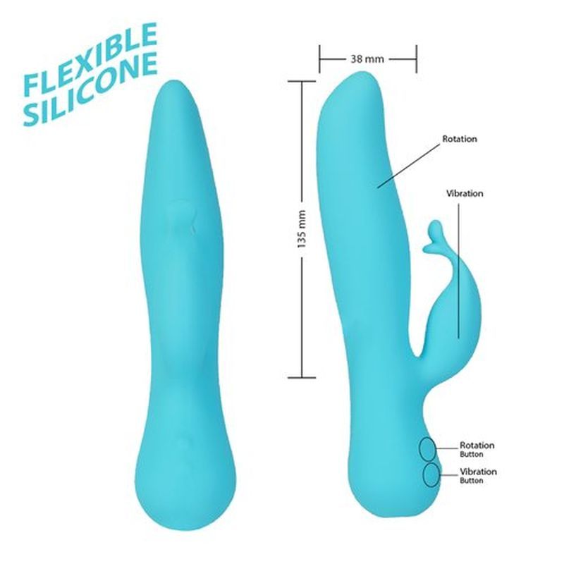Image of a Kissing Swan dual action rabbit vibrator in blue silicone, showcasing rotation and vibration features.