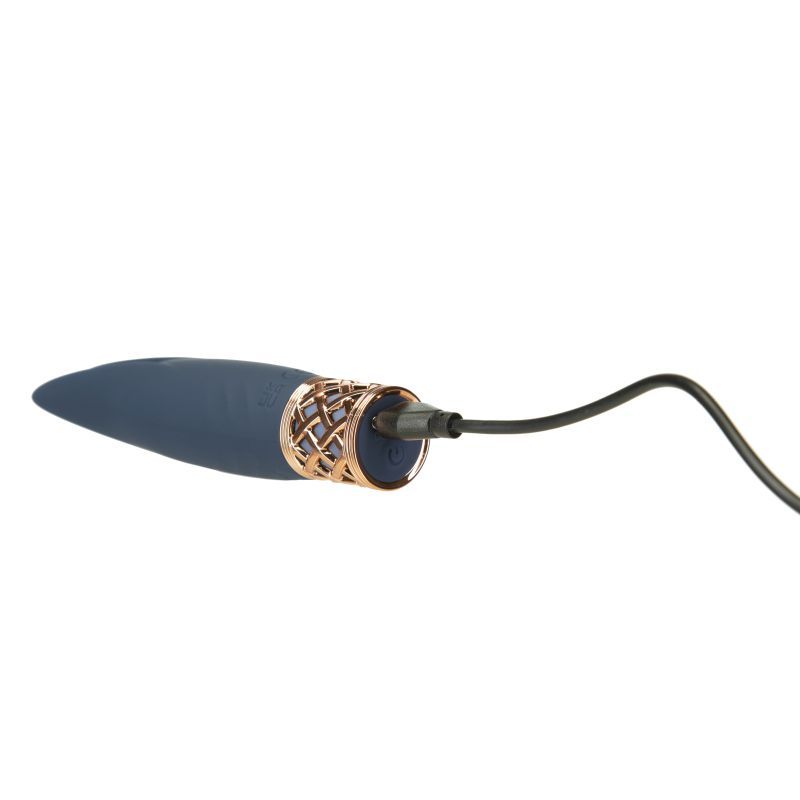 Pillow Talk Secrets petite clitoral vibrator in blue with rose gold accent and charging cable.