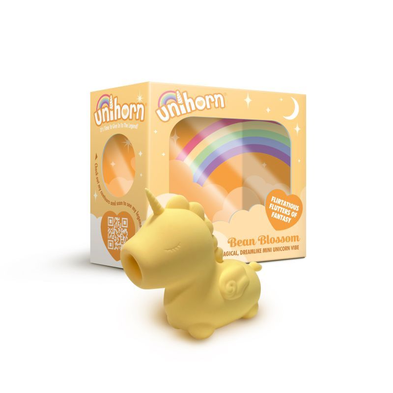 Unihorn Bean Blossom unicorn vibrator with soft silicone in playful yellow packaging, designed for flirtatious fantasies.