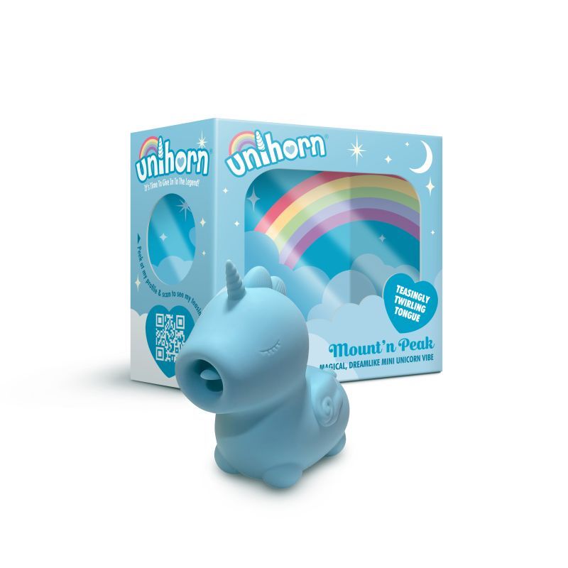 Unihorn Mount N Peak vibrator with box, featuring soft silicone design and whimsical unicorn shape.
