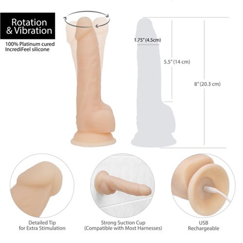 Rotating 8in Vibrating Dildo w Remote Vanilla with detailed tip, strong suction cup, USB rechargeable features.