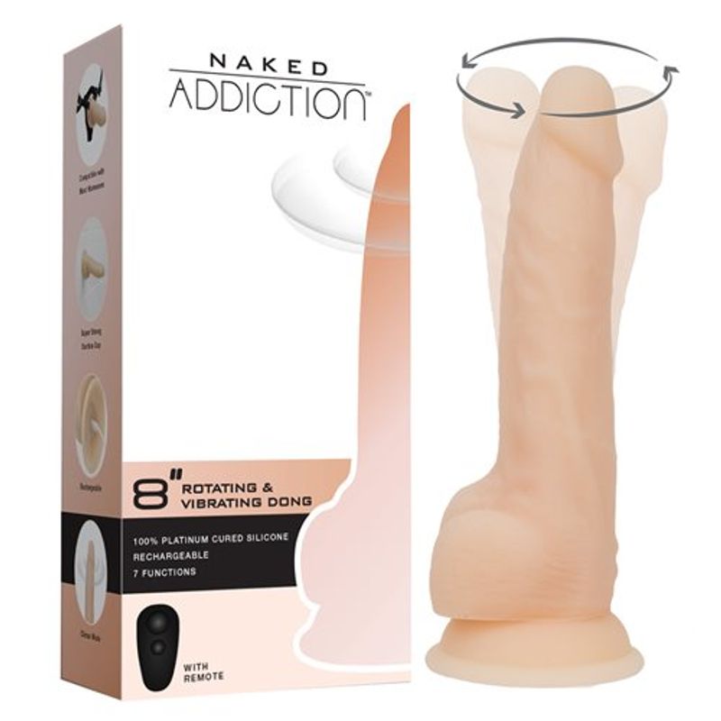 8 inch rotating vibrating dildo with remote, made from 100% platinum cured silicone, featuring 7 functions for pleasure.