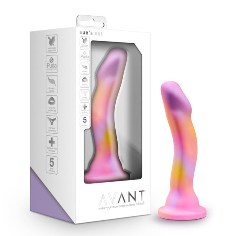 Avant Suns Out pink silicone dildo for G spot stimulation in elegant packaging.