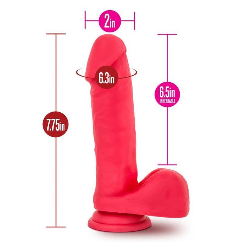 Ruse Big Poppa Cerise Dildo dimensions; realistic dildo with suction cup, 6.6 inches insertable length, 2 inches width.