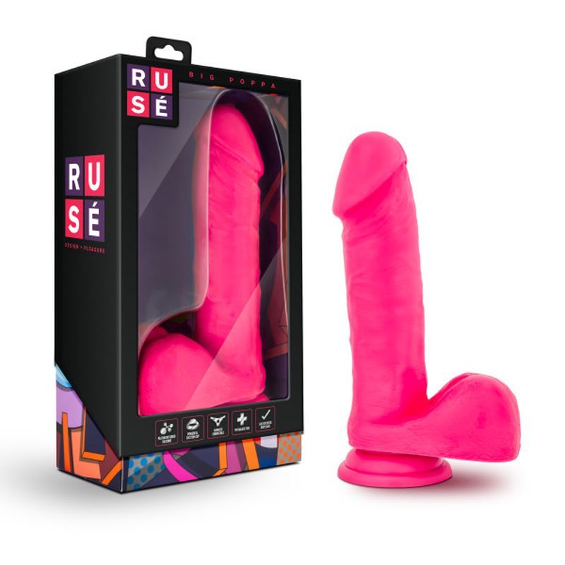 Ruse Big Poppa hot pink dildo in packaging, featuring strong suction base and realistic design.