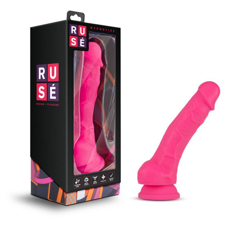 Ruse Hypnotize hot pink dildo displayed in packaging, showcasing its realistic design and suction cup base.