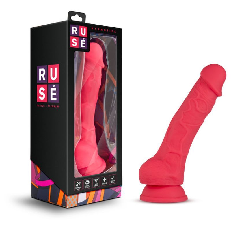 Ruse Hypnotize dildo in bright cerise color with packaging, highlighting realistic design and strong suction base.