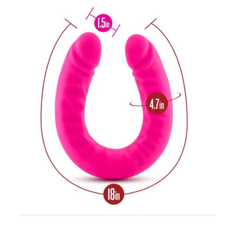 Ruse Silicone Slim 18in Hot Pink Double Dong, U-shaped silicone double dildo, dimensions 1.5in and 4.7in.