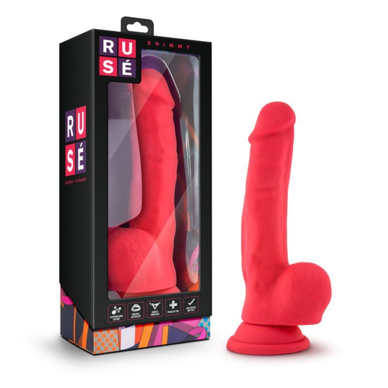 Ruse Shimmy Cherise Dong, a realistic dildo with suction cup in bright red color, with packaging showcasing design features.