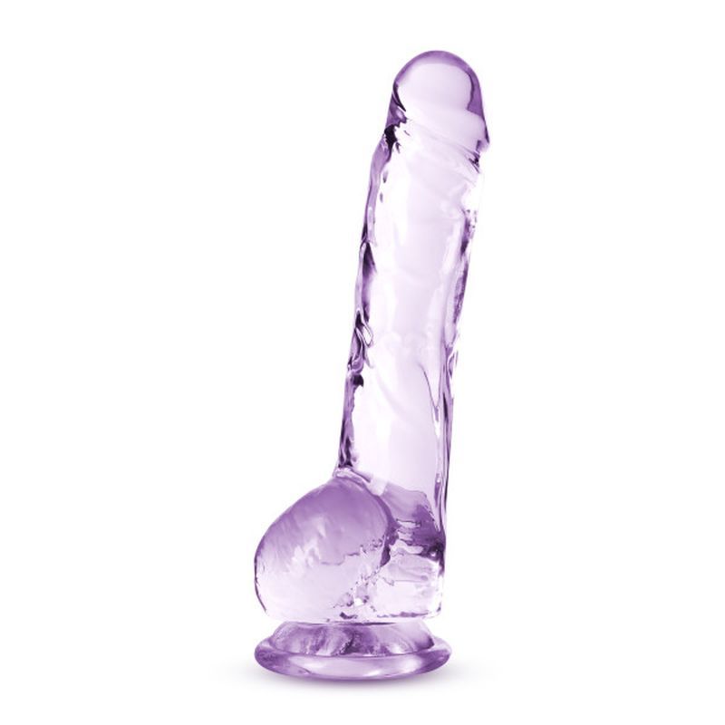 8 inch crystal dildo in amethyst color with lifelike design and suction cup base for versatile play.