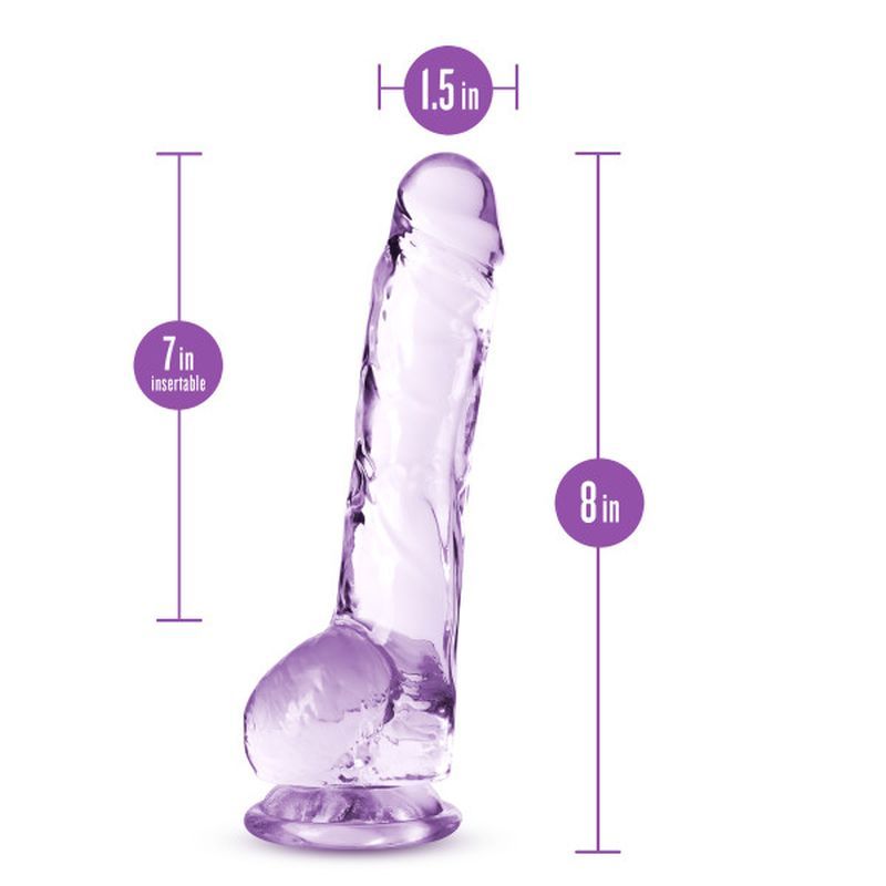 8 inch crystal dildo shown in purple with 1.5 inch diameter and 7 inch insertable length, highlighting its lifelike features.